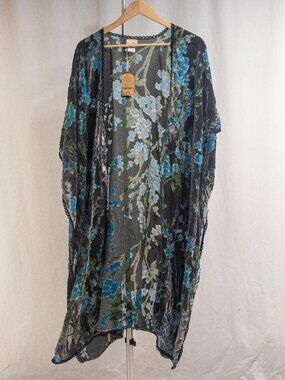 NWT Natural Life Silver Grey Blue Floral Velvet Burn Out Duster